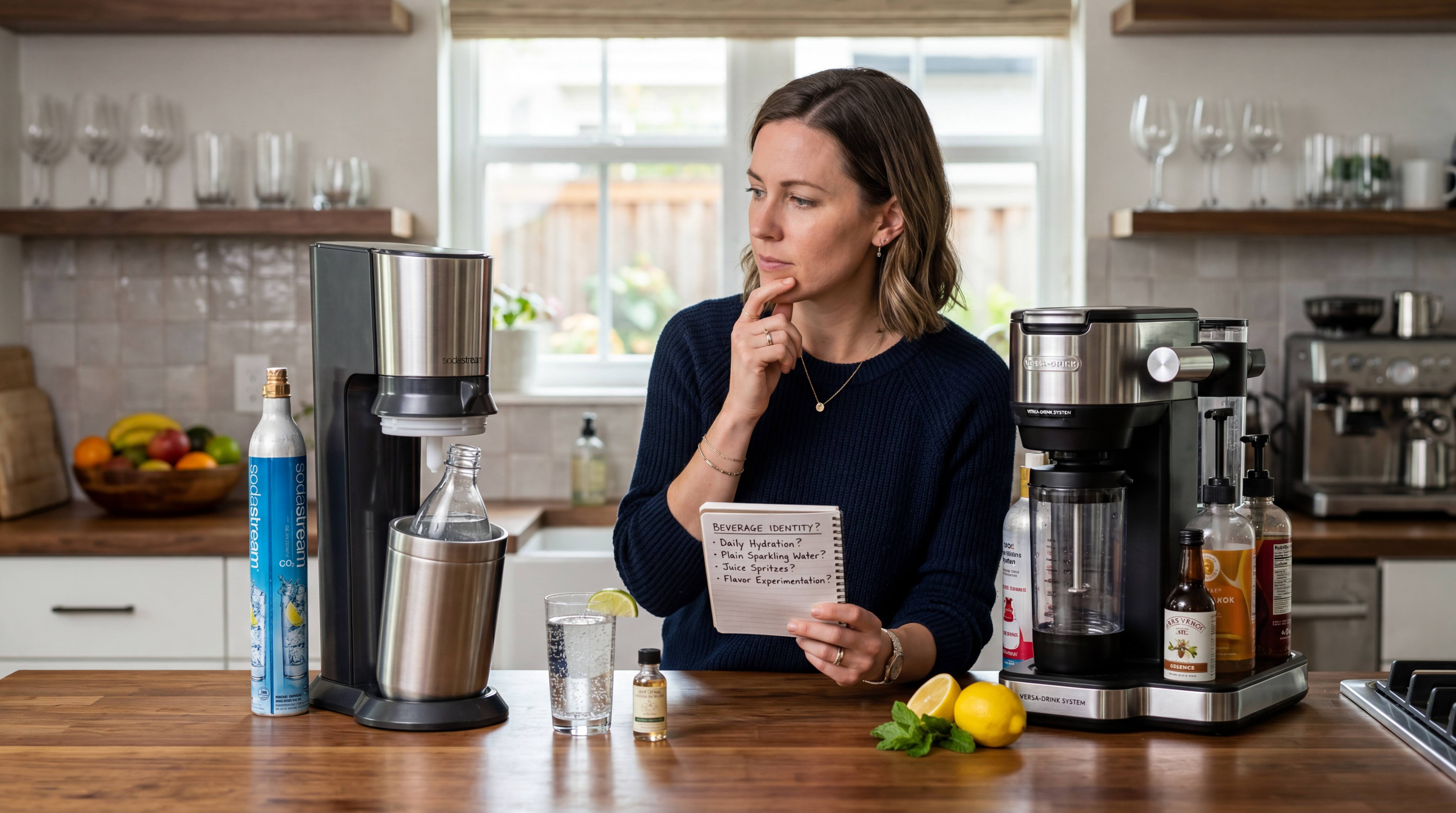 Woman comparing water-only and versatile beverage soda makers while evaluating daily hydration and flavored drink needs at home